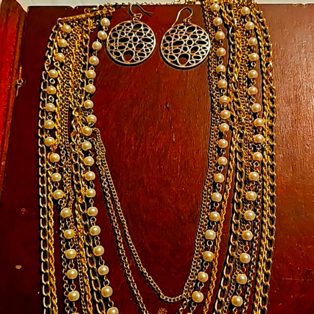 Faux Pearls & Chain Statement Necklace, 10 Multiple Chains, Goldtone, Rope, Pear